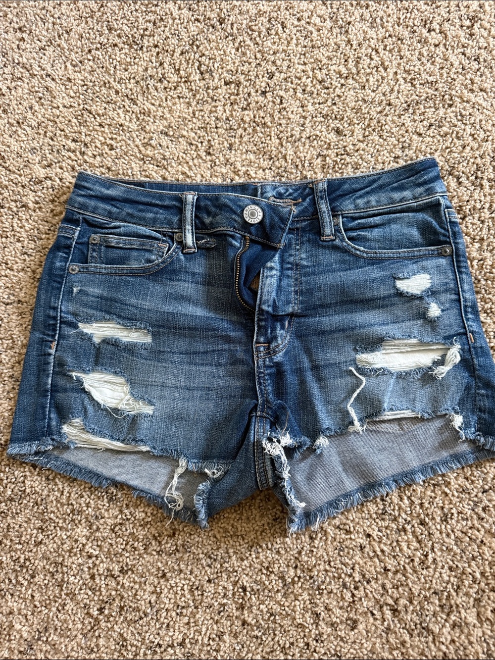 American Eagle Outfitters Hi Rise Shortie Blue Distressed Denim Shorts